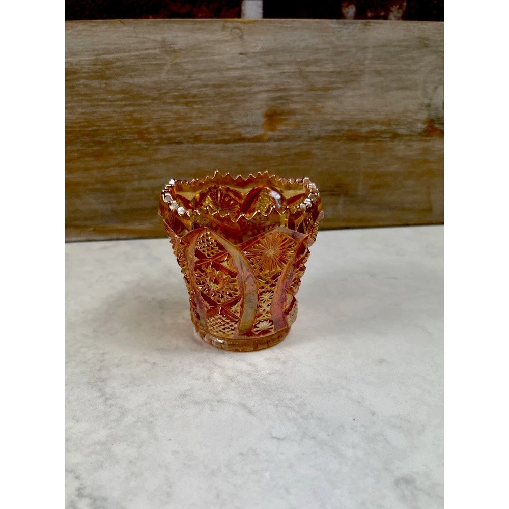 Vintage Imperial Glass Toothpick Holder Marigold Carnival Glass Hobstar Pattern